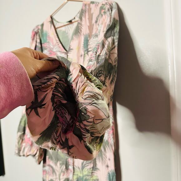 LoboRosa Pink Floral Puff Sleeve Palms Button Front Up Dress Size Large - Picture 9 of 16